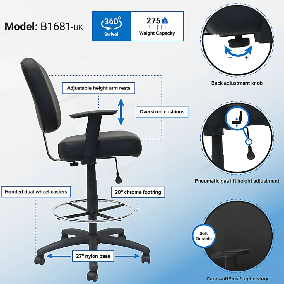 Boss Office Products Heavy Duty Drafting Stool With Arms, Black