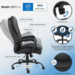 Boss Office Products Heavy Duty Big And Tall Double Plush Executive Chair, CaressoftPlus™ Vinyl, Black