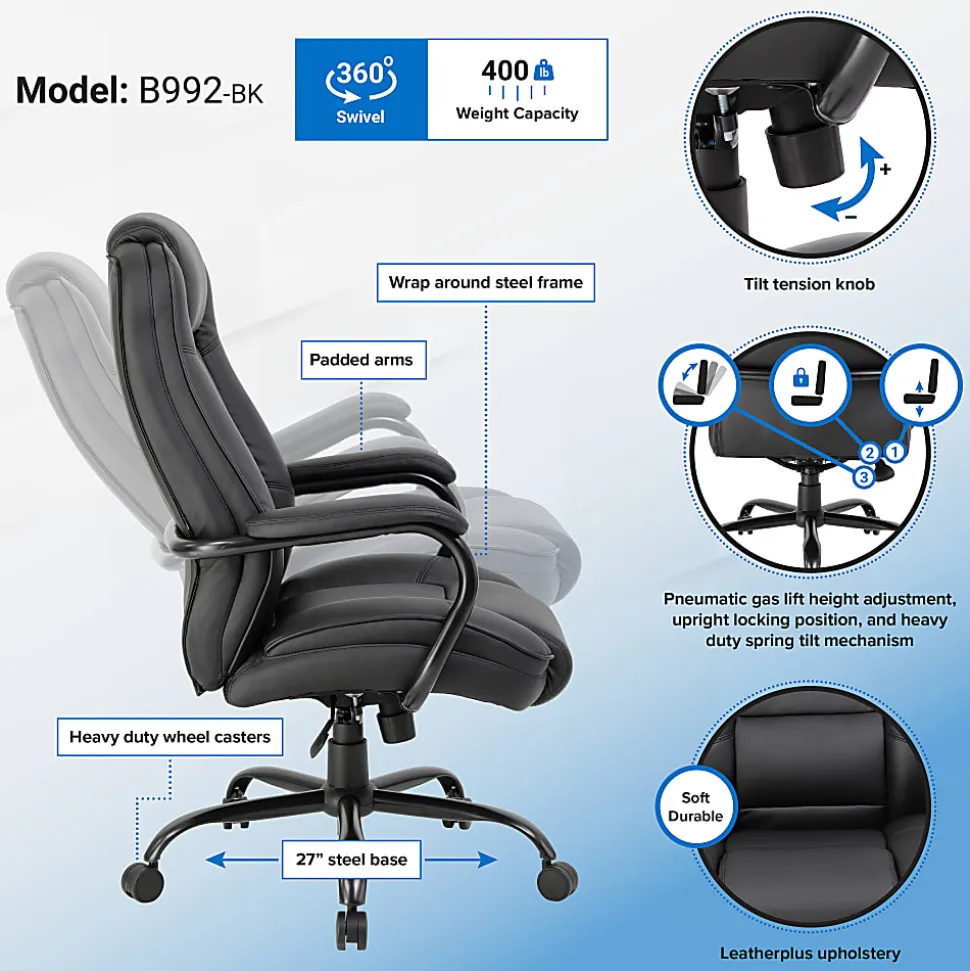 Boss Office Products Heavy-Duty Ergonomic LeatherPlus™ Bonded Leather High-Back Chair, Black