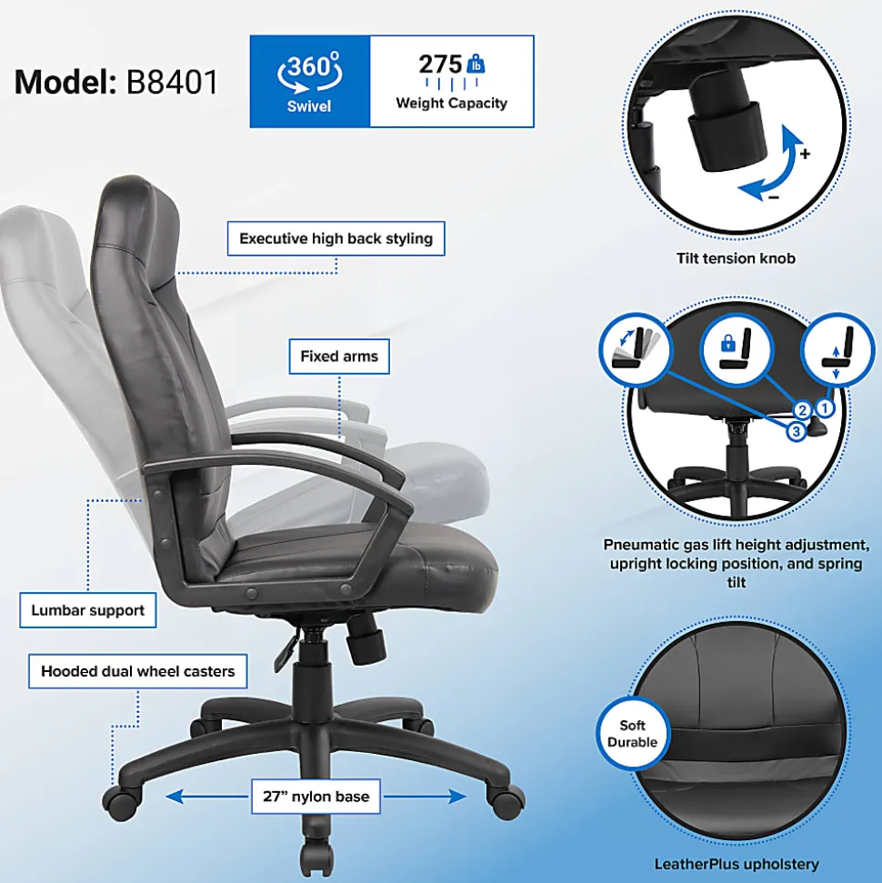 Boss Office Products High-Back Ergonomic Leather Manager's Chair, Black