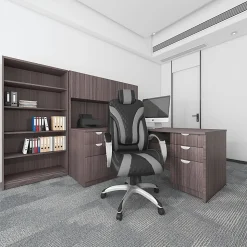Boss Office Products Hinged Arm Ergonomic Faux Leather High-Back Executive Chair With Synchro-Tilt, Black/Gray