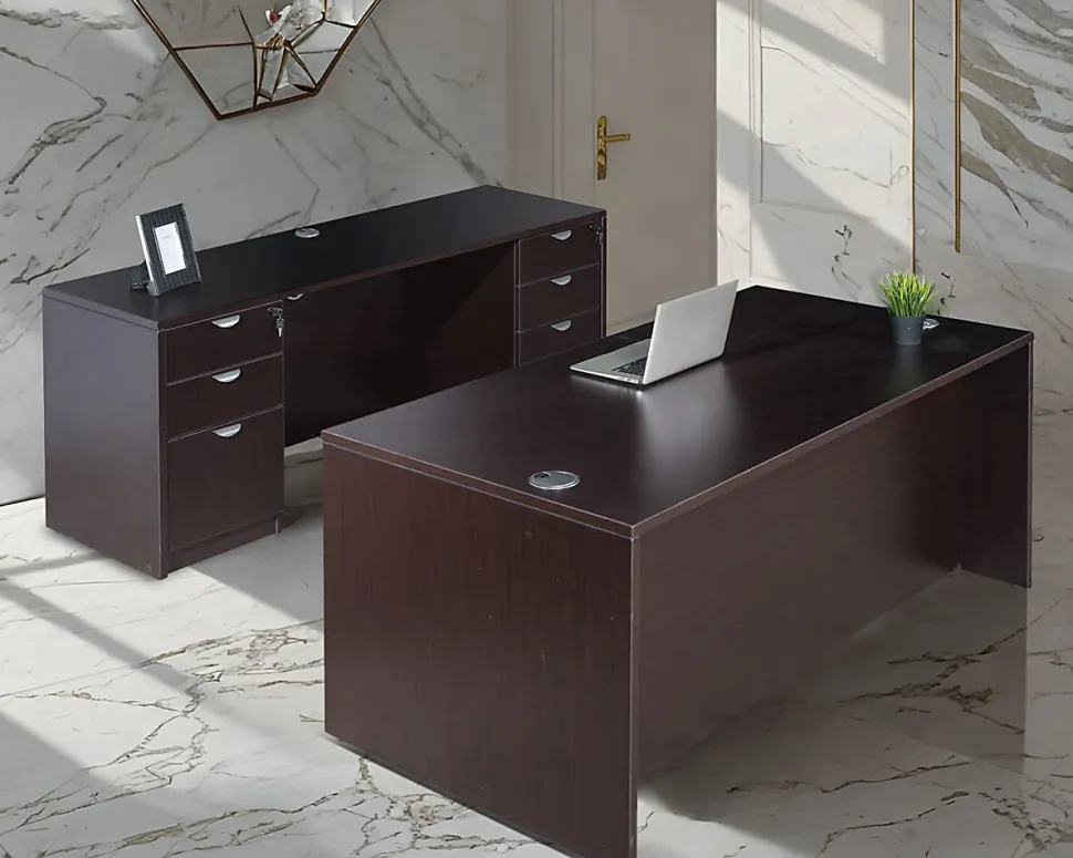 Boss Office Products Holland Suite Desk And Credenza With Dual File Storage Pedestals, Mocha