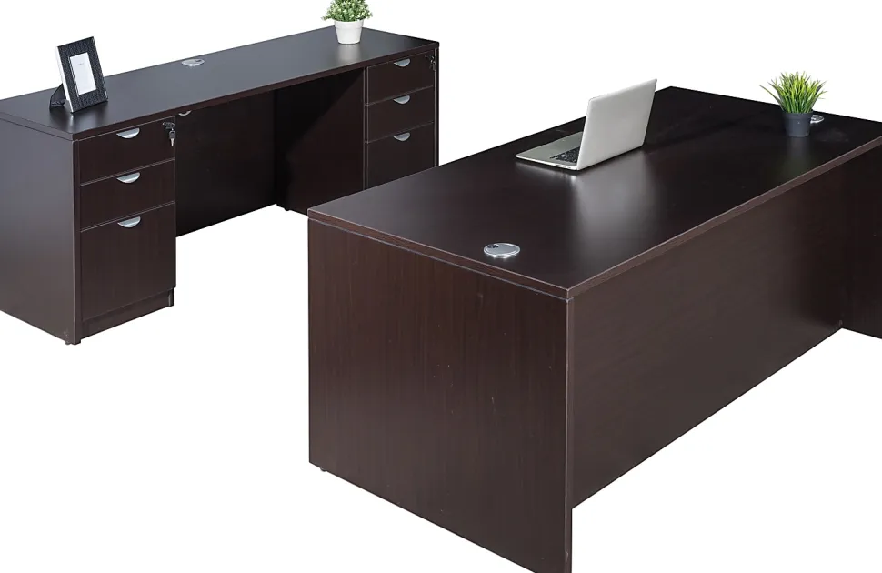 Boss Office Products Holland Suite Desk And Credenza With Dual File Storage Pedestals, Mocha