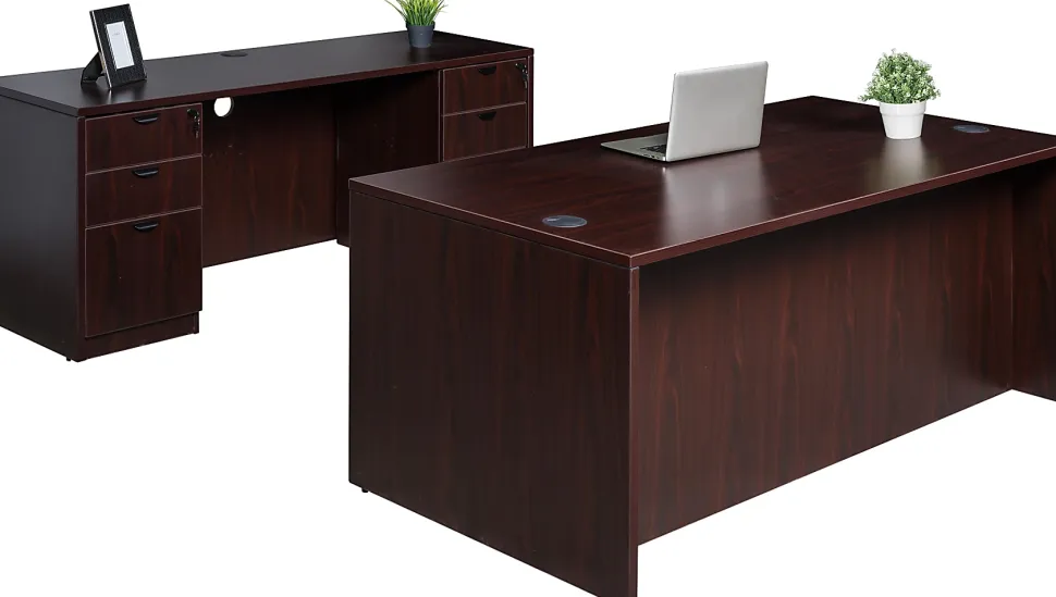 Boss Office Products Holland Suite Desk And Credenza With Dual File Storage Pedestals, Mahogany