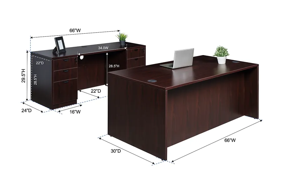 Boss Office Products Holland Suite Desk And Credenza With Dual File Storage Pedestals, Mahogany