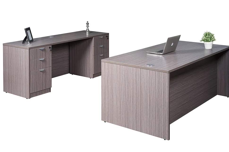 Boss Office Products Holland Suite Desk And Credenza With Dual File Storage Pedestals, Driftwood