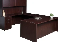 Boss Office Products Holland Series Executive U-Shape Desk With File Storage, Pedestal And Hutch, Mahogany
