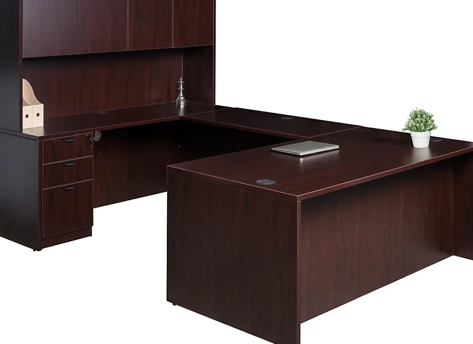 Boss Office Products Holland Series Executive U-Shape Desk With File Storage, Pedestal And Hutch, Mahogany