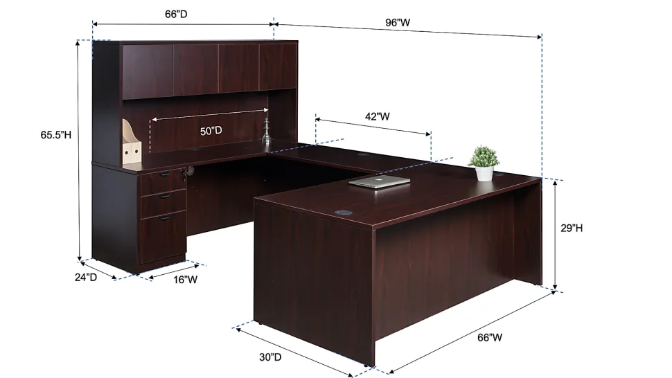 Boss Office Products Holland Series Executive U-Shape Desk With File Storage, Pedestal And Hutch, Mahogany