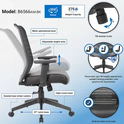 Boss Office Products Horizontal Ergonomic Mesh Mid-Back Office Task Chair With Antimicrobial Seat, Black