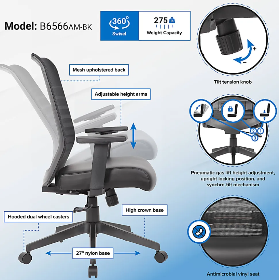 Boss Office Products Horizontal Ergonomic Mesh Mid-Back Office Task Chair With Antimicrobial Seat, Black
