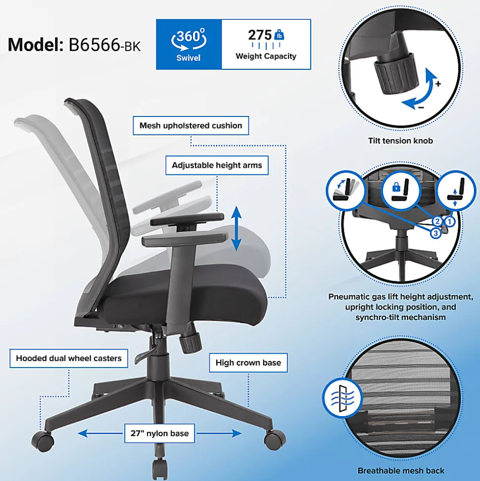 Boss Office Products Mesh Task Chair With T-Arms, Black