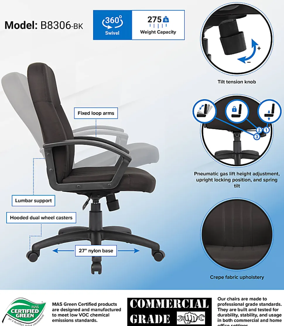 Boss Office Products Mid-Back Fabric Chair, Black