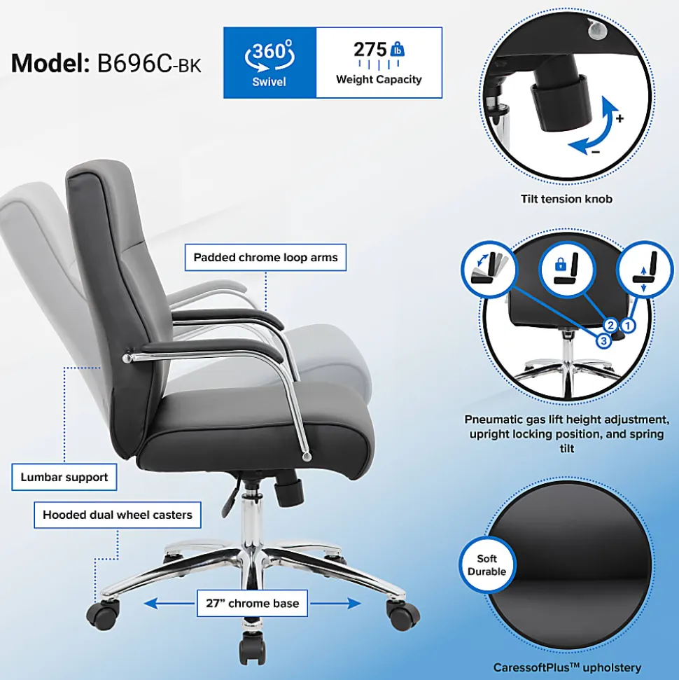 Boss Office Products Modern Executive Conference Ergonomic Chair, Caressoft™ Vinyl, Black/Chrome