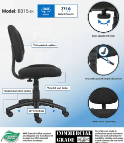 Boss Office Products Perfect Posture Deluxe Ergonomic Fabric Mid-Back Office Task Chair, Black