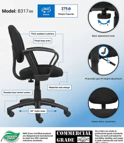 Boss Office Products Perfect Posture Ergonomic Fabric Mid-Back Deluxe Office Task Chair With Loop Arms, Black