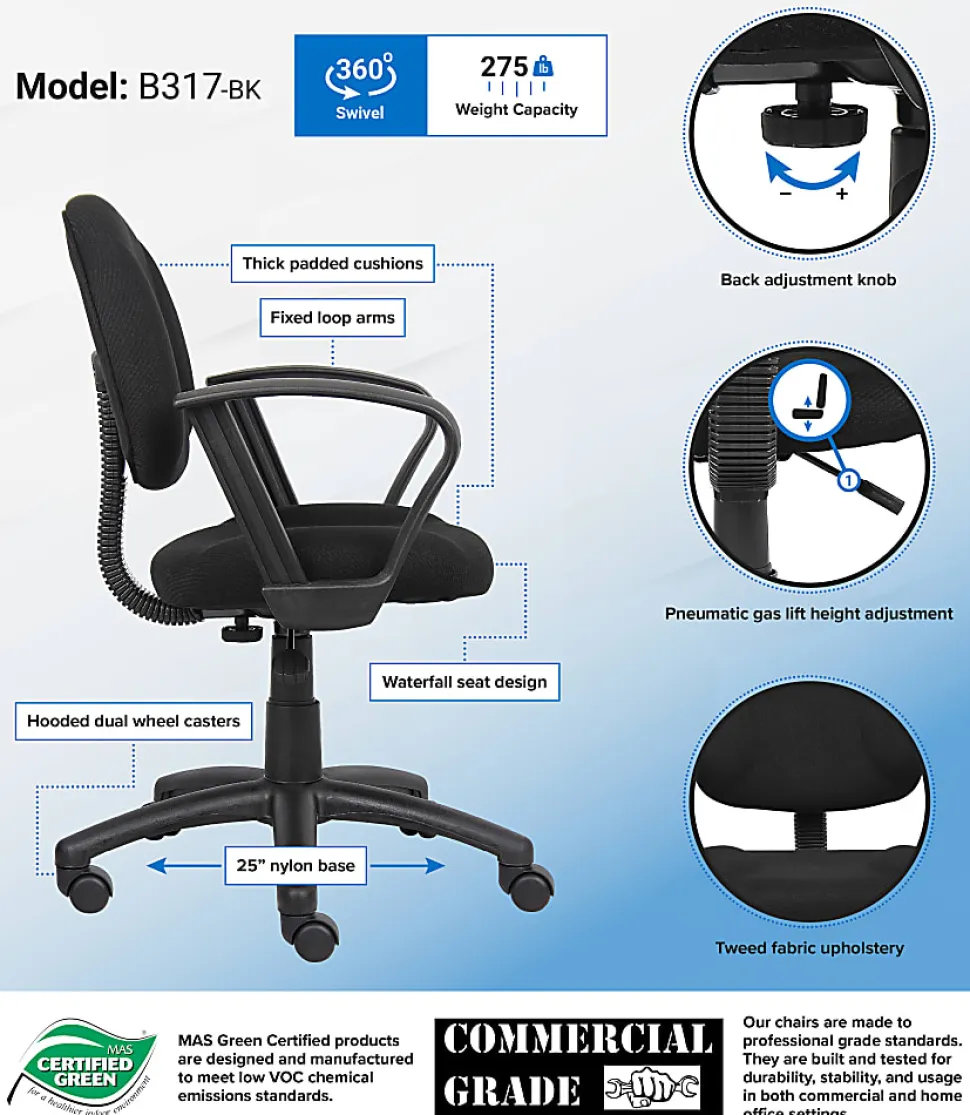 Boss Office Products Perfect Posture Ergonomic Fabric Mid-Back Deluxe Office Task Chair With Loop Arms, Black