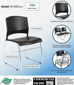 Boss Office Products Poly Stackable Chrome Chair, Black/Silver