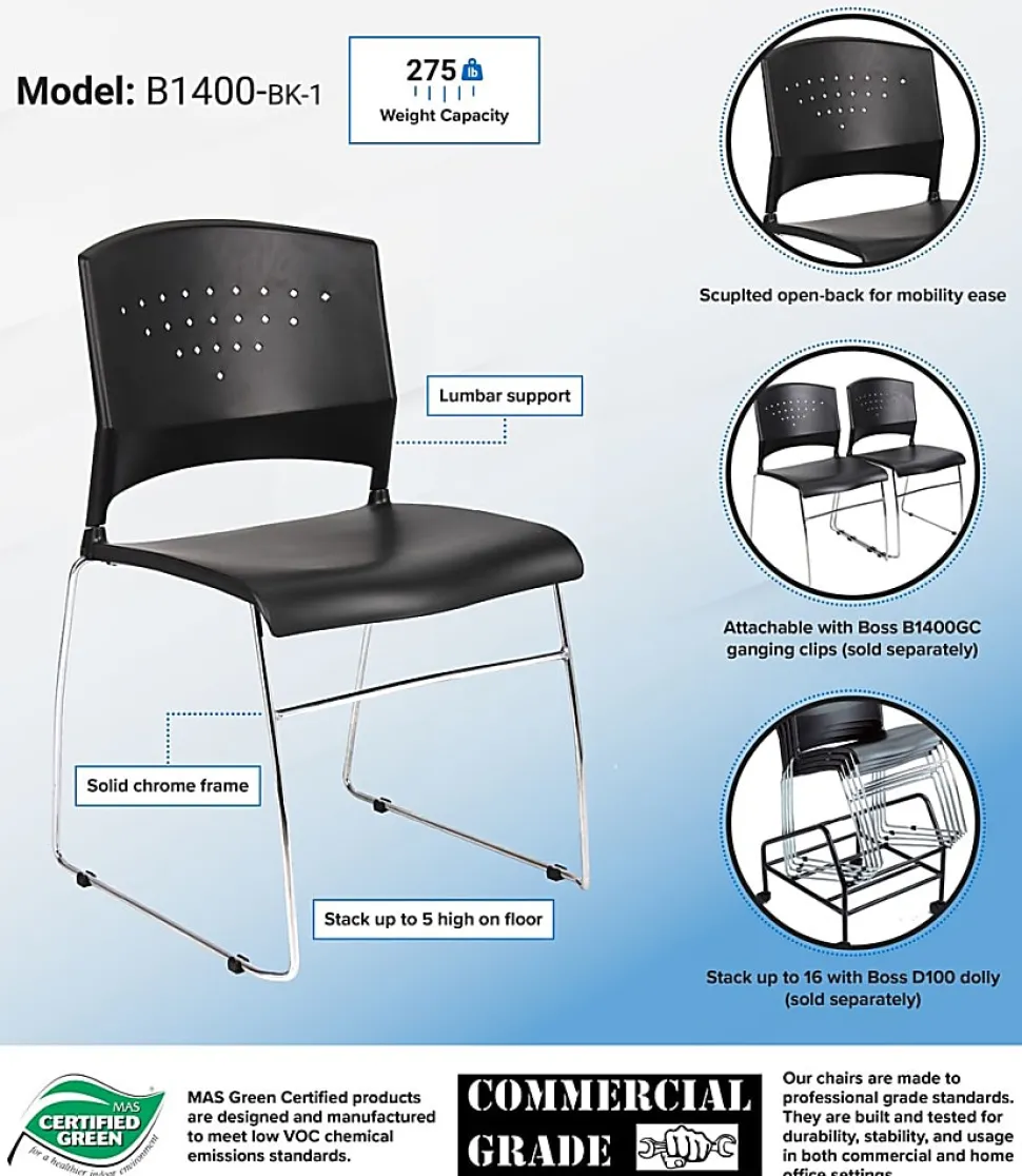 Boss Office Products Poly Stackable Chrome Chair, Black/Silver
