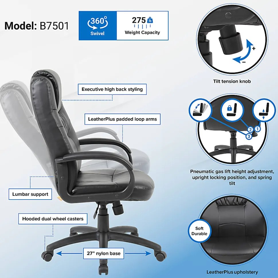 Boss Office Products Silhouette Ergonomic Bonded Leather High-Back Chair, Black