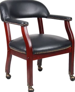 Boss Office Products Traditional Tufted Conference Chair With Casters, Black/Mahogany