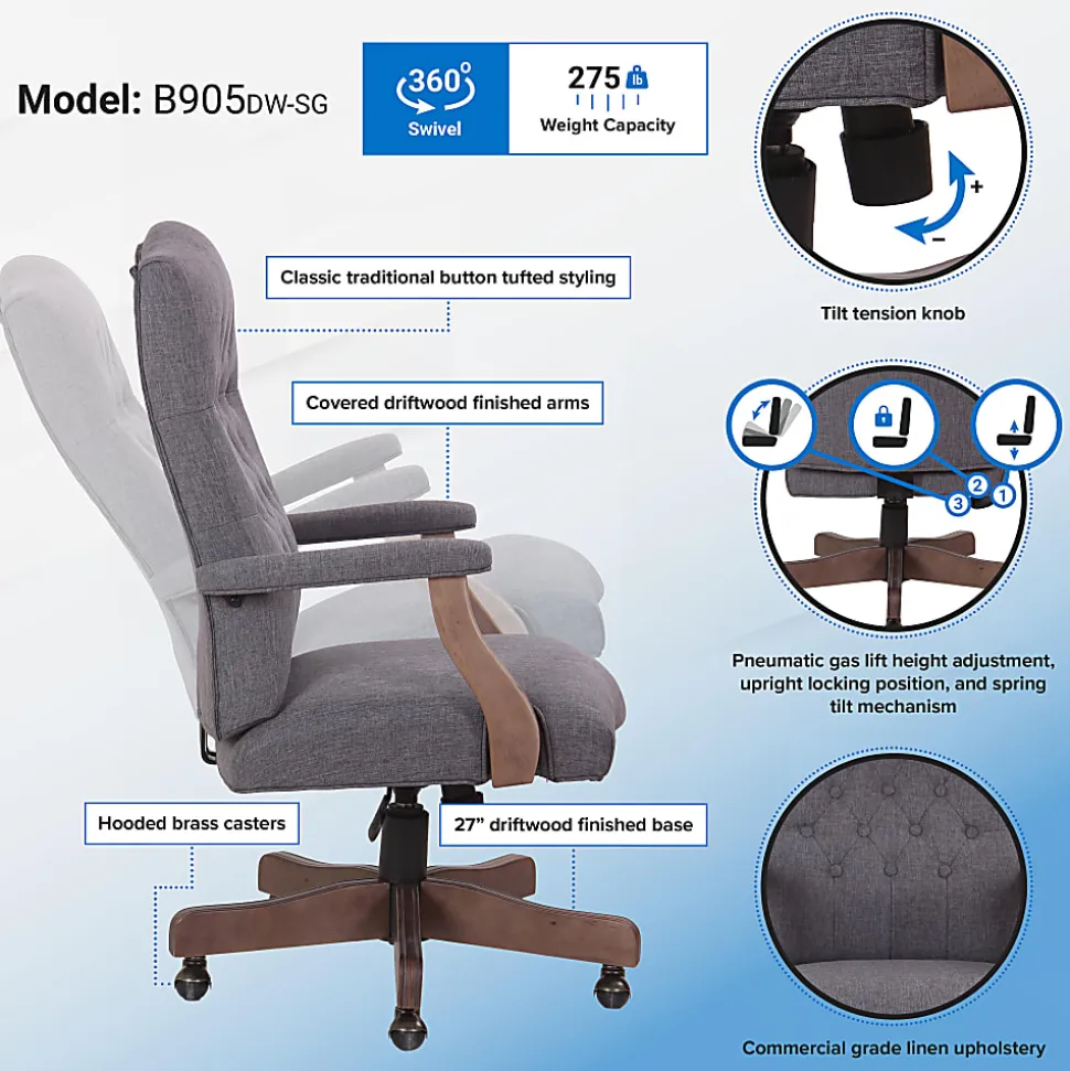 Boss Office Products Tufted Ergonomic Fabric High-Back Office Chair, Slate Gray/Driftwood