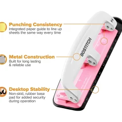 Bostitch® EZ Squeeze™ Three-Hole Punch, InCourage, 12 Sheet Capacity, Pink/White