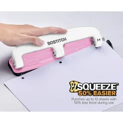 Bostitch® EZ Squeeze™ Three-Hole Punch, InCourage, 12 Sheet Capacity, Pink/White