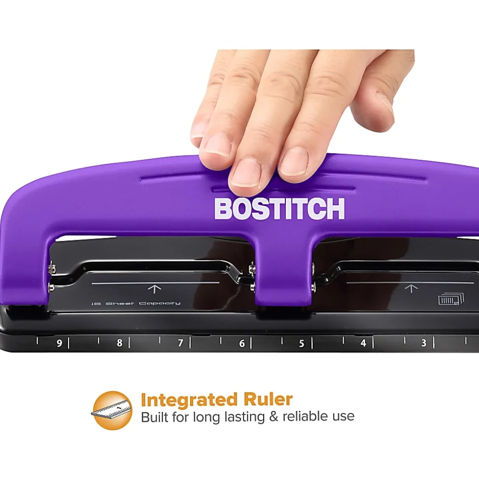 Bostitch® EZ Squeeze™ Three-Hole Punch, 12 Sheet Capacity, Purple