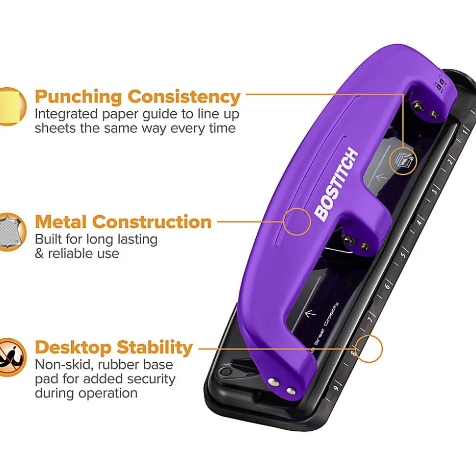 Bostitch® EZ Squeeze™ Three-Hole Punch, 12 Sheet Capacity, Purple