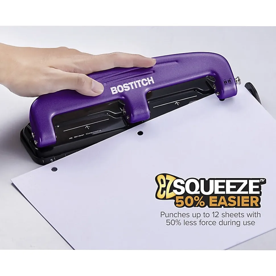 Bostitch® EZ Squeeze™ Three-Hole Punch, 12 Sheet Capacity, Purple