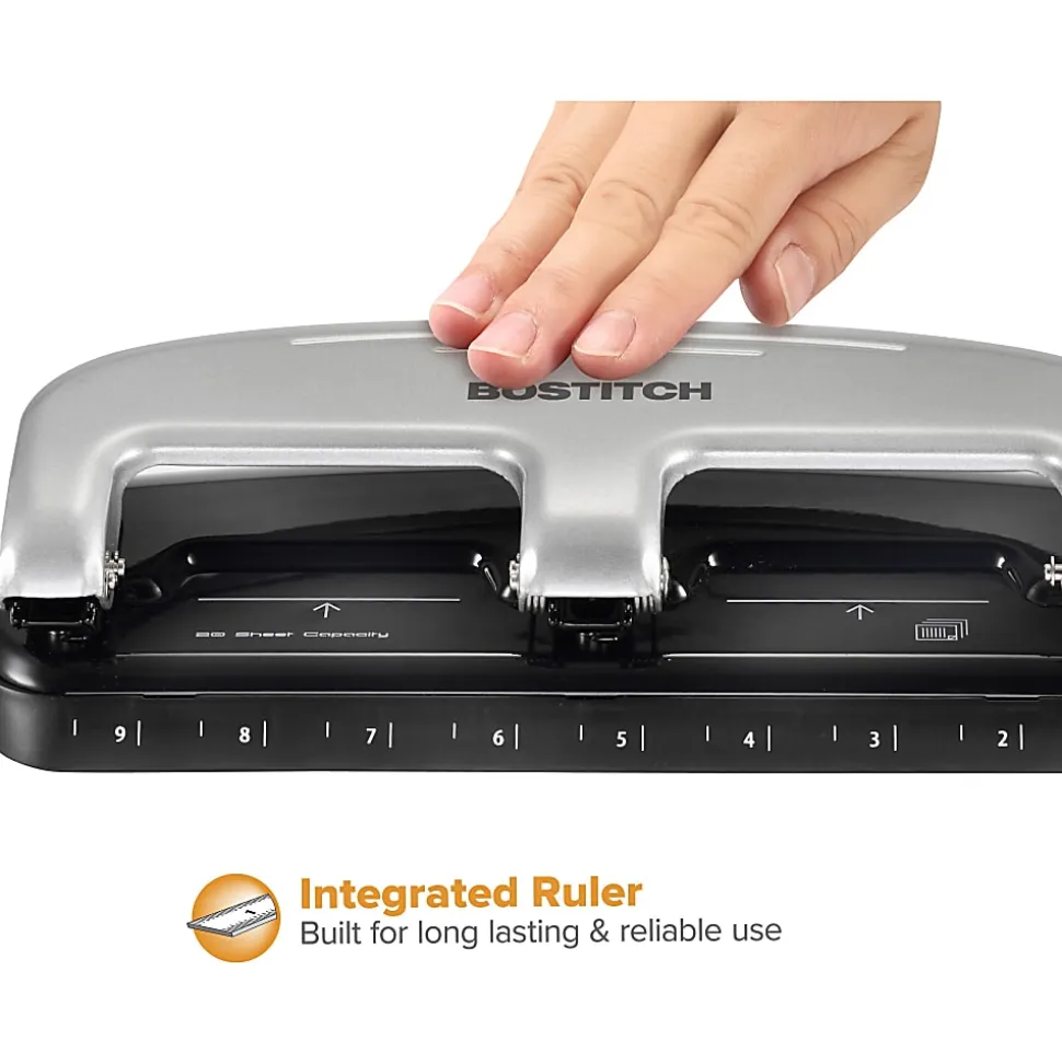 Bostitch® EZ Squeeze™ Three-Hole Punch, 20 Sheet Capacity, Black/Silver