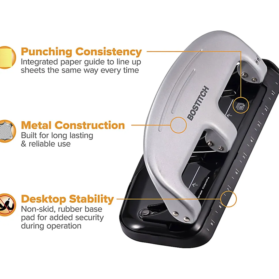 Bostitch® EZ Squeeze™ Three-Hole Punch, 20 Sheet Capacity, Black/Silver