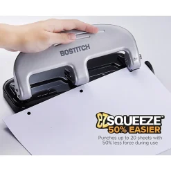 Bostitch® EZ Squeeze™ Three-Hole Punch, 20 Sheet Capacity, Black/Silver