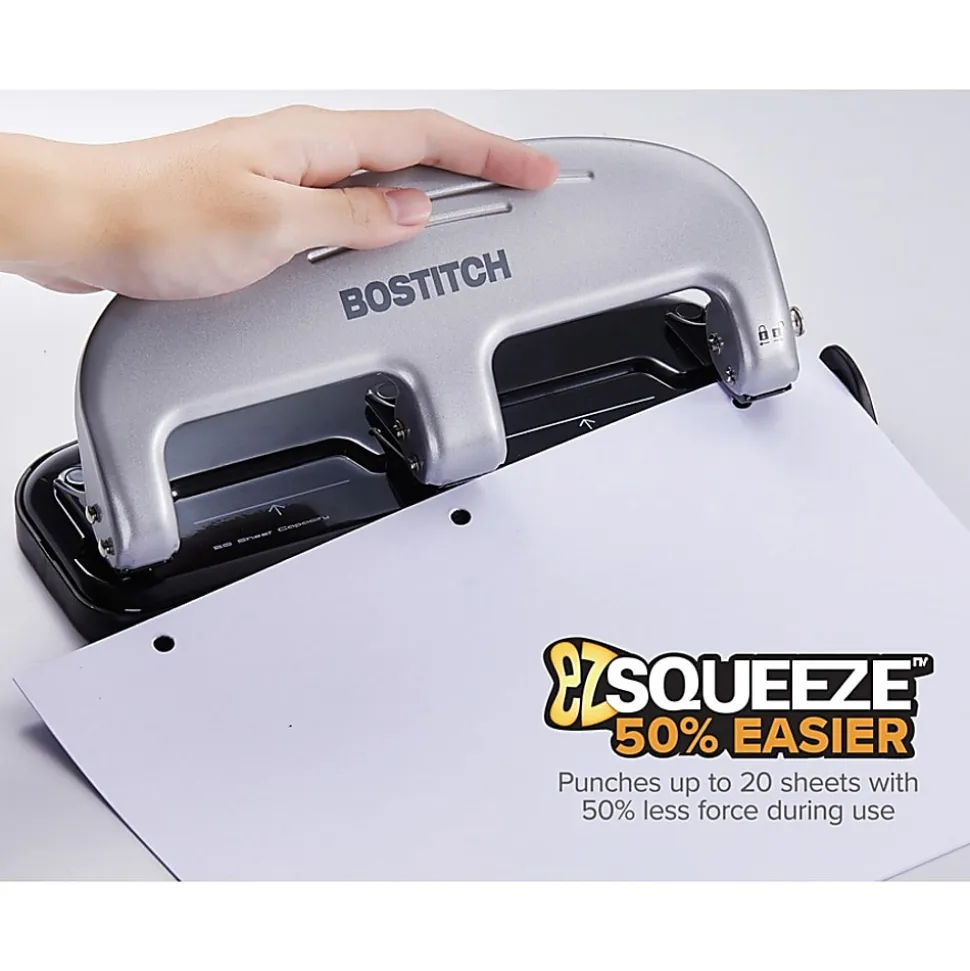 Bostitch® EZ Squeeze™ Three-Hole Punch, 20 Sheet Capacity, Black/Silver