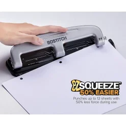 Bostitch® EZ Squeeze™ Three-Hole Punch, 12 Sheet Capacity, Black/Silver