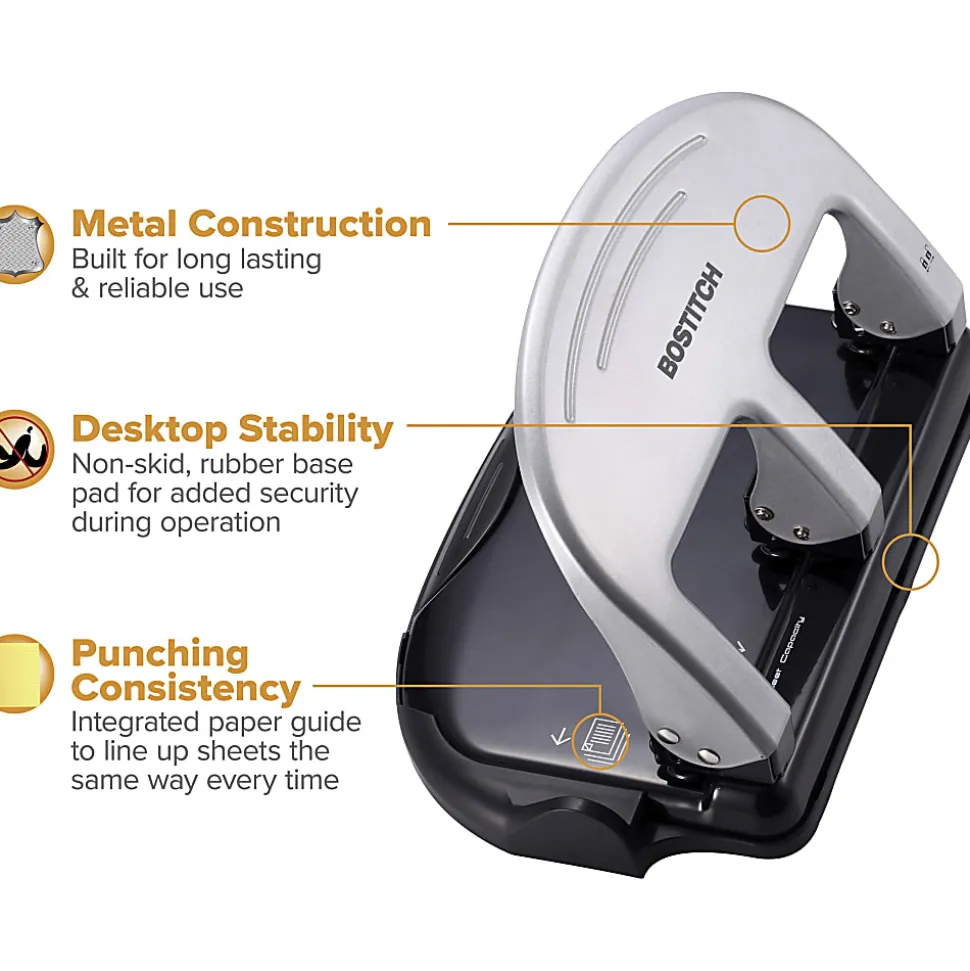 Bostitch® EZ Squeeze™ Three-Hole Punch, 40 Sheet Capacity, Black/Silver
