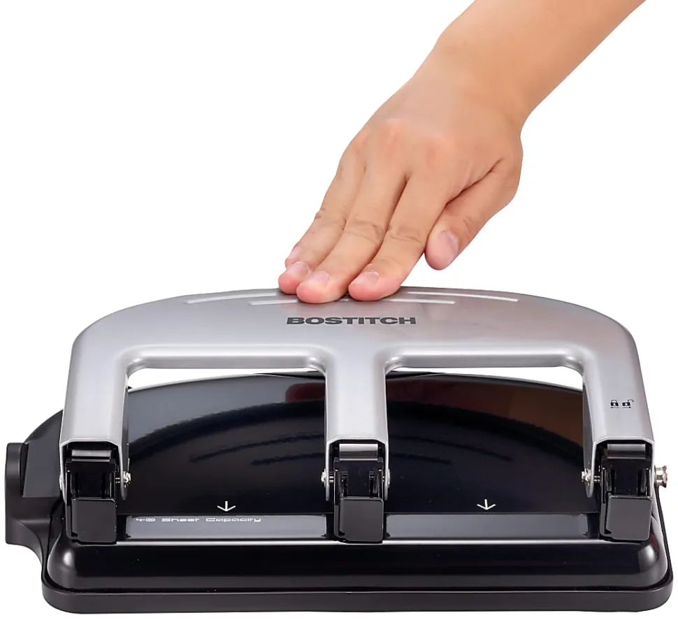 Bostitch® EZ Squeeze™ Three-Hole Punch, 40 Sheet Capacity, Black/Silver