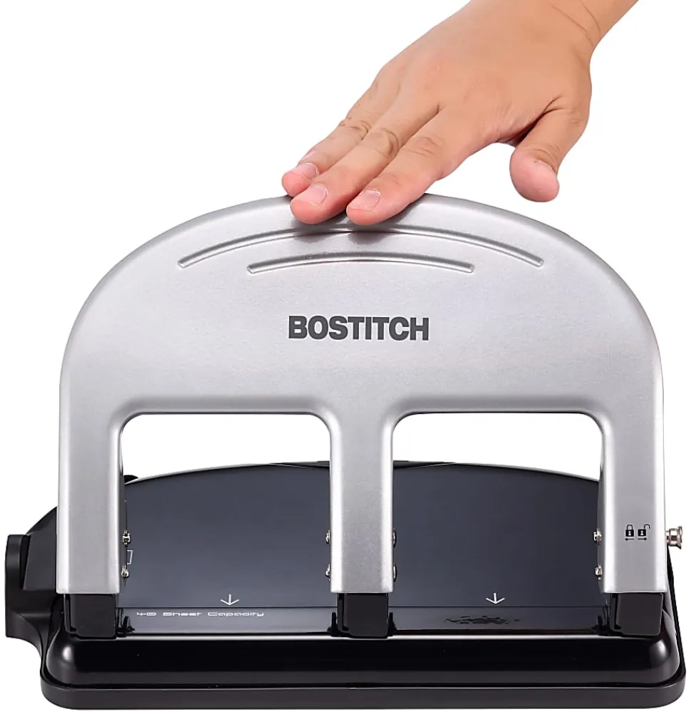 Bostitch® EZ Squeeze™ Three-Hole Punch, 40 Sheet Capacity, Black/Silver