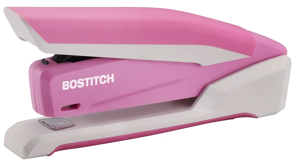 Bostitch InCourage™ Spring-Powered Desktop Stapler With Antimicrobial Protection, 20 Sheets Capacity, Pink/White