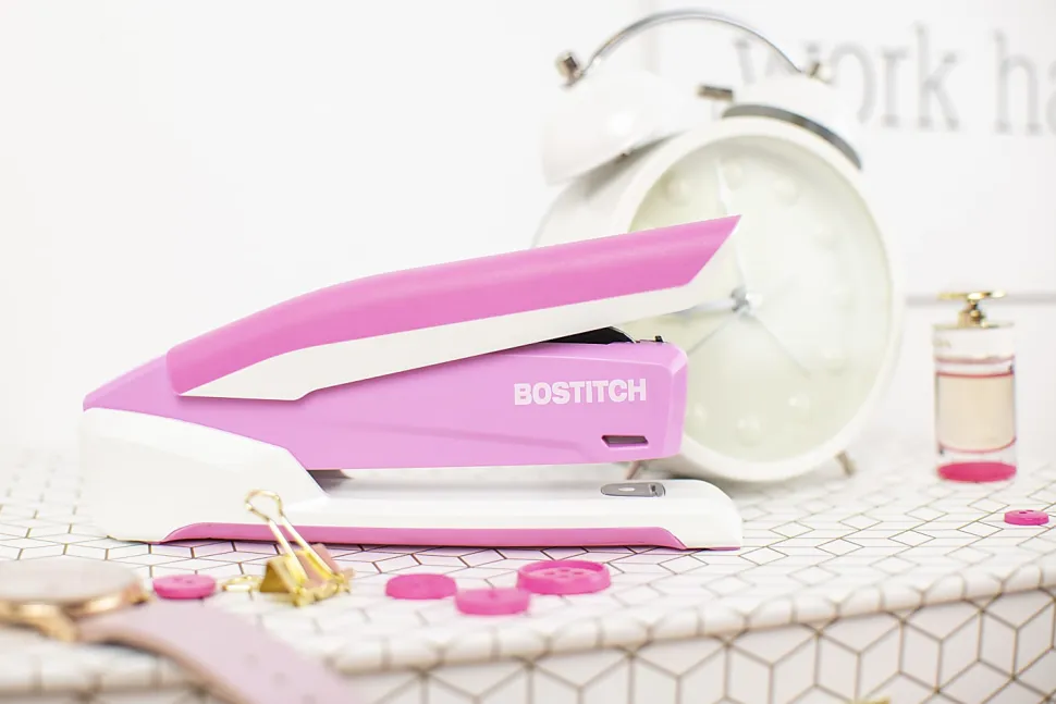 Bostitch InCourage™ Spring-Powered Desktop Stapler With Antimicrobial Protection, 20 Sheets Capacity, Pink/White