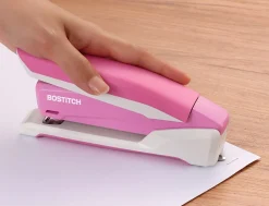 Bostitch InCourage™ Spring-Powered Desktop Stapler With Antimicrobial Protection, 20 Sheets Capacity, Pink/White