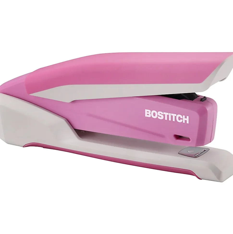 Bostitch InCourage™ Spring-Powered Desktop Stapler With Antimicrobial Protection, 20 Sheets Capacity, Pink/White