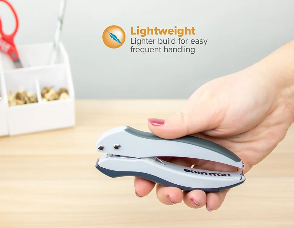 Bostitch Office EZ Squeeze One-Hole Punch, 10-Sheet Capacity, Lightweight, Gray/Blue