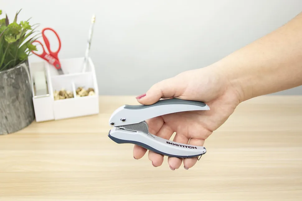 Bostitch Office EZ Squeeze One-Hole Punch, 10-Sheet Capacity, Lightweight, Gray/Blue