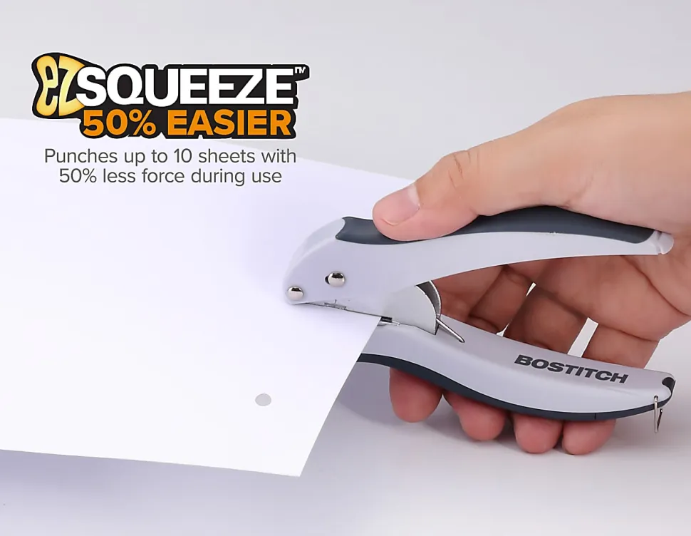 Bostitch Office EZ Squeeze One-Hole Punch, 10-Sheet Capacity, Lightweight, Gray/Blue