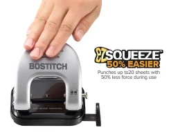 Bostitch Office EZ Squeeze Reduced Effort 2-Hole Punch, 20 Sheets, Locking Handle, Black/Silver