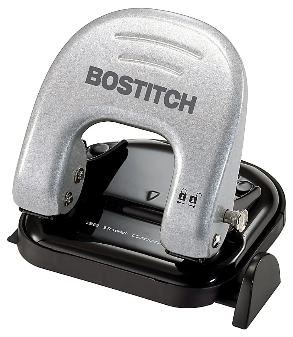 Bostitch Office EZ Squeeze Reduced Effort 2-Hole Punch, 20 Sheets, Locking Handle, Black/Silver