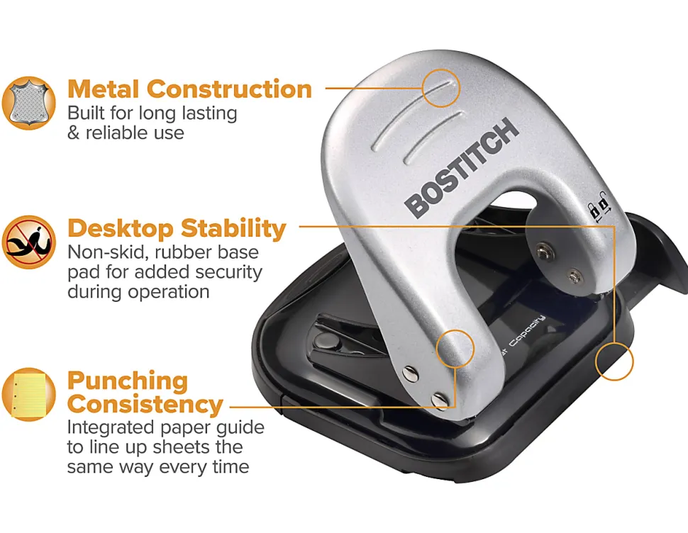 Bostitch Office EZ Squeeze Reduced Effort 2-Hole Punch, 20 Sheets, Locking Handle, Black/Silver