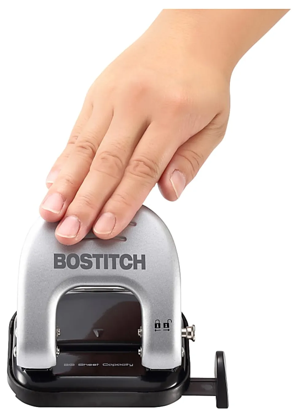 Bostitch Office EZ Squeeze Reduced Effort 2-Hole Punch, 20 Sheets, Locking Handle, Black/Silver